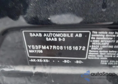 2008 Saab 9-3 Turbox z USA, uszkodzony, nr VIN YS3FM47R081151672